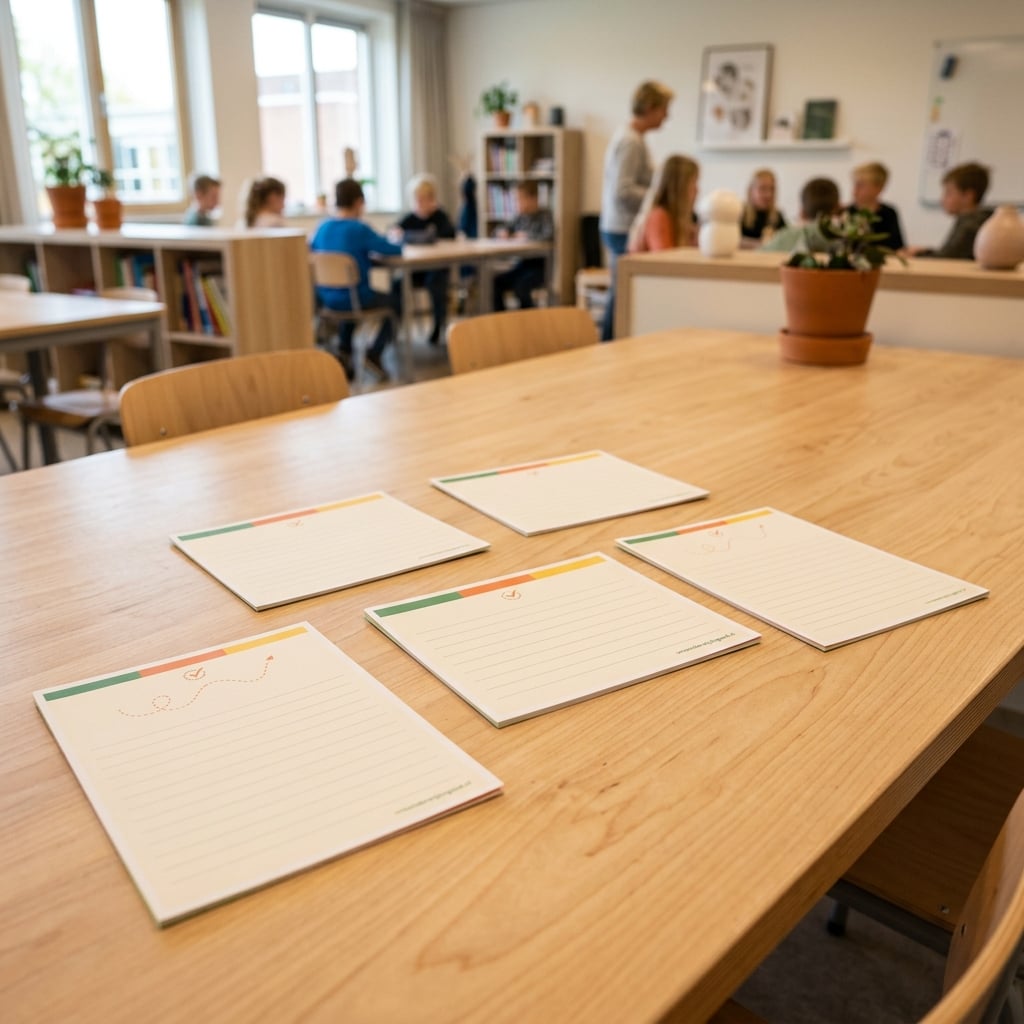 Meerdere werkkaarten losjes verspreid op een tafel met kleurrijke accenten