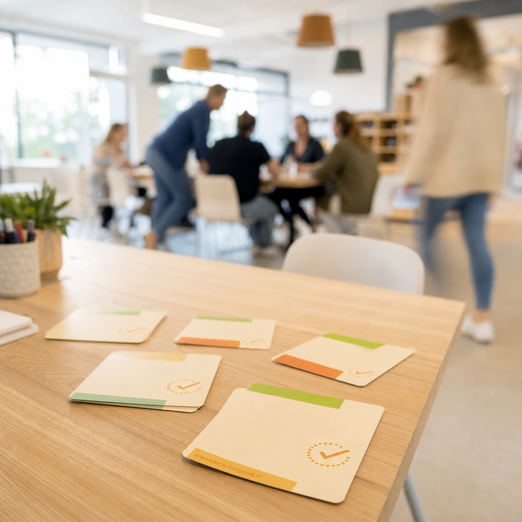 Werkkaarten op een tafel met onscherpe leerkrachten in een modern schoollokaal